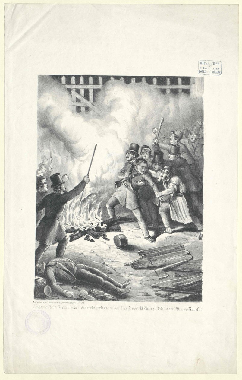 Cena de um cenário de violência na linha Mariahilfer, na noite de 13 de março de 1848, na revolução de Viena de Artist Unknown