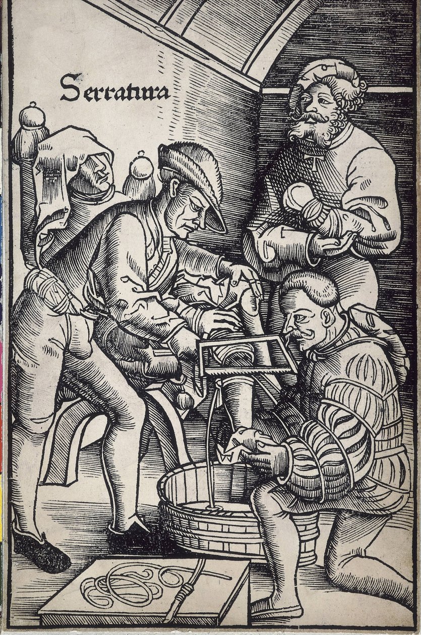 Gersdorff, Hans von (1455 - 1529). Cirurgião alemão. Amputação de uma perna. Xilogravura de Hans Wechtlin para o livro "Feldtbuch der Wundartzney" (Livro de campo de cirurgia) de Artist Unknown