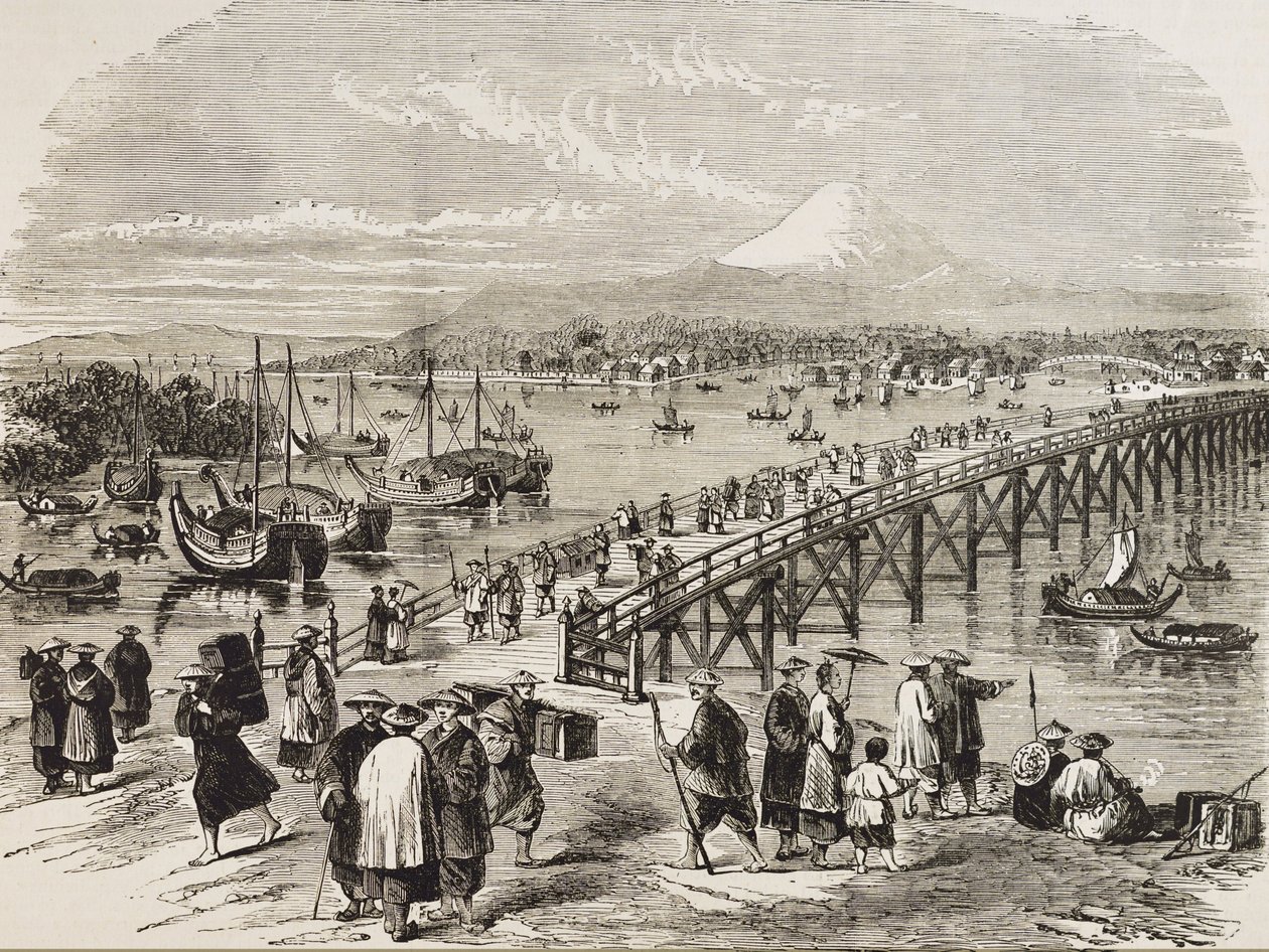 JAPÃO (séc. XIX) - Cidade de Edo, atravessada pelo rio Toniak. Gravura. Coleção particular de Artist Unknown