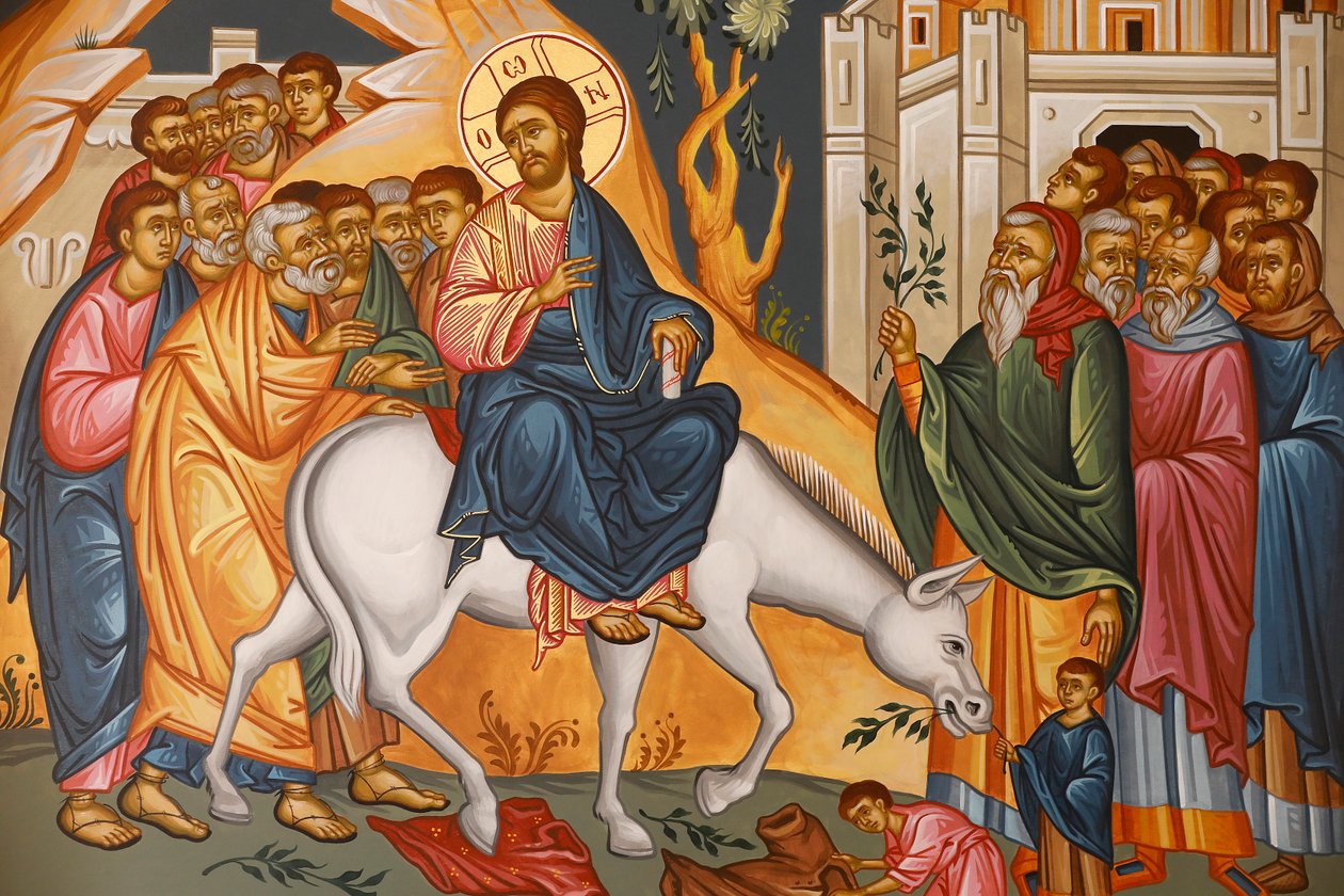 A entrada de Jesus em Jerusalém no Domingo de Ramos. Igreja de St. Elie, Rabieh, 2022 (foto). Pintura que representa de Artist Unknown