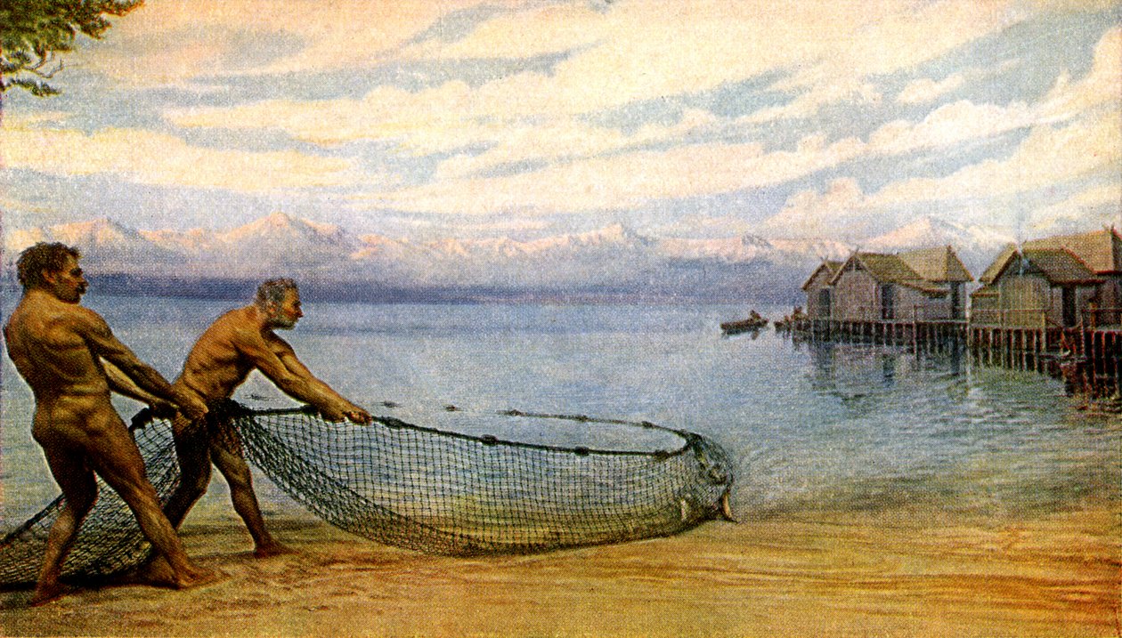 Habitantes do lago a pescar, homem pré-histórico (gravura) de Artist Unknown
