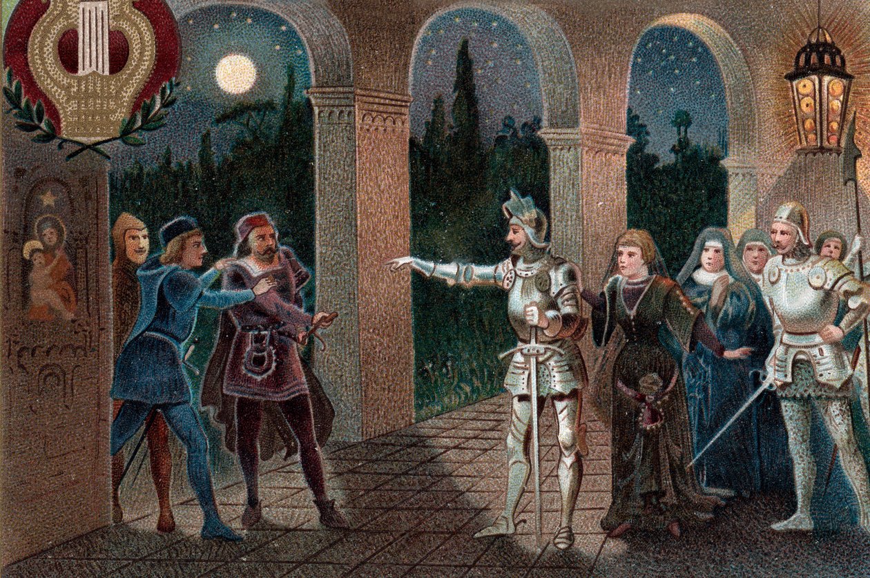 Leonora raptada do convento por Manrico, Ato II cena 5 da ópera "Il Trovatore" de Giuseppe Verdi de Artist Unknown