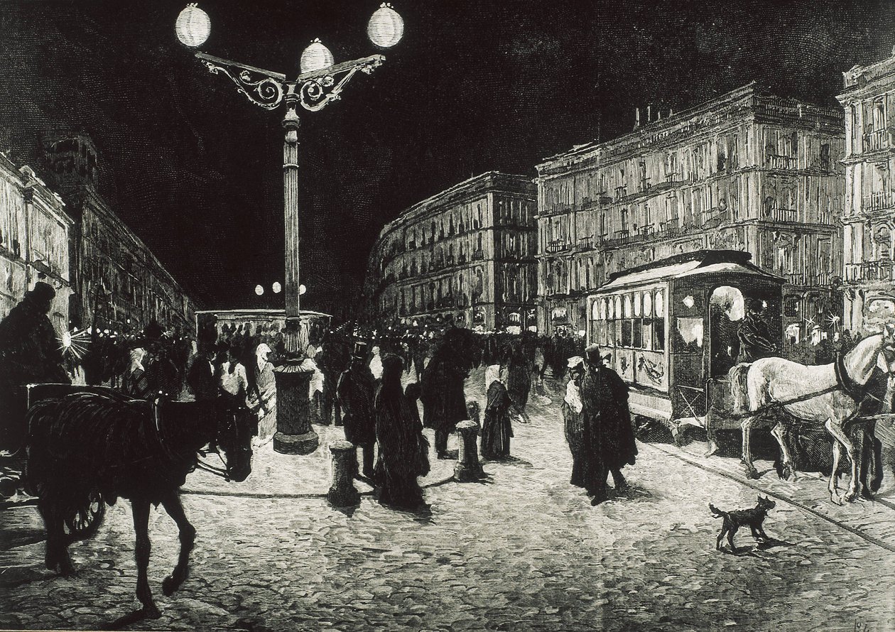 Madrid (1878). A Puerta del Sol iluminada com luz eléctrica. Imagem segundo um desenho de Pellicer para "La Ilsutracion Espanola y Americana". Gravura. de Artist Unknown