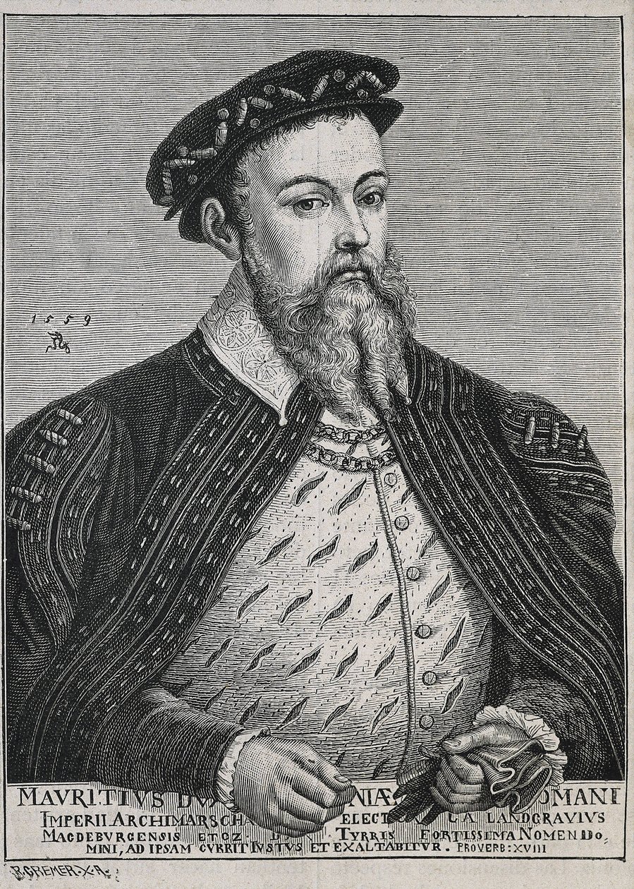 Maurício da Saxónia (1521-1553). Duque (1541-47) e mais tarde Eleitor (1547-53) da Saxónia. Protestante desde 1539. Retrato baseado numa pintura de Lucas Cranach. Gravura de Artist Unknown