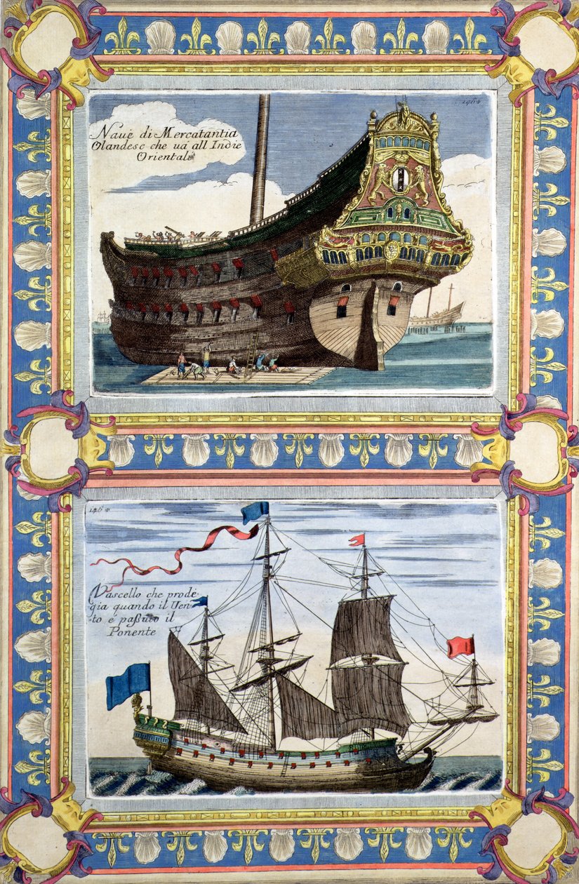 Navios mercantes pertencentes à Companhia Holandesa das Índias Orientais (gravura a cores) de Artist Unknown