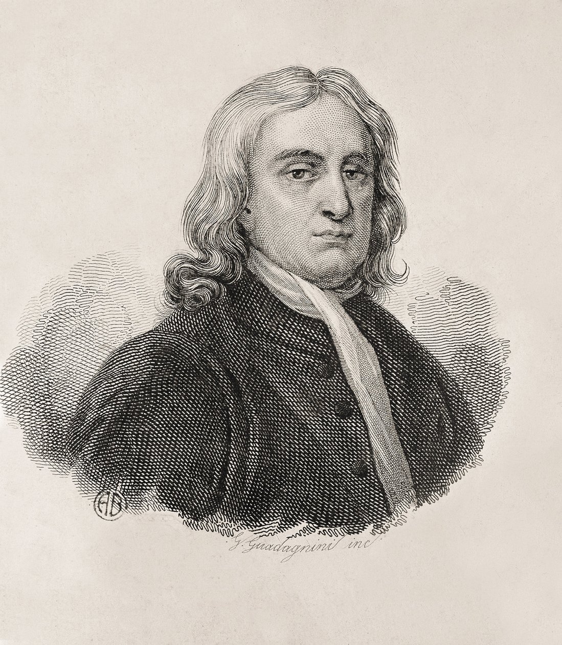 Newton, Sir Isaac (1642-1727). Matemático, físico e astrónomo inglês; GUADAGNINI, Gaetano (1800-1860). Gravura italiana. Retrato de Isaac Newton, obra de Gaetano Guadagnini. Gravura. ITÁLIA. LOMBARDIA. Milão. Coleção Cívica de Estampas "Achi de Artist Unknown