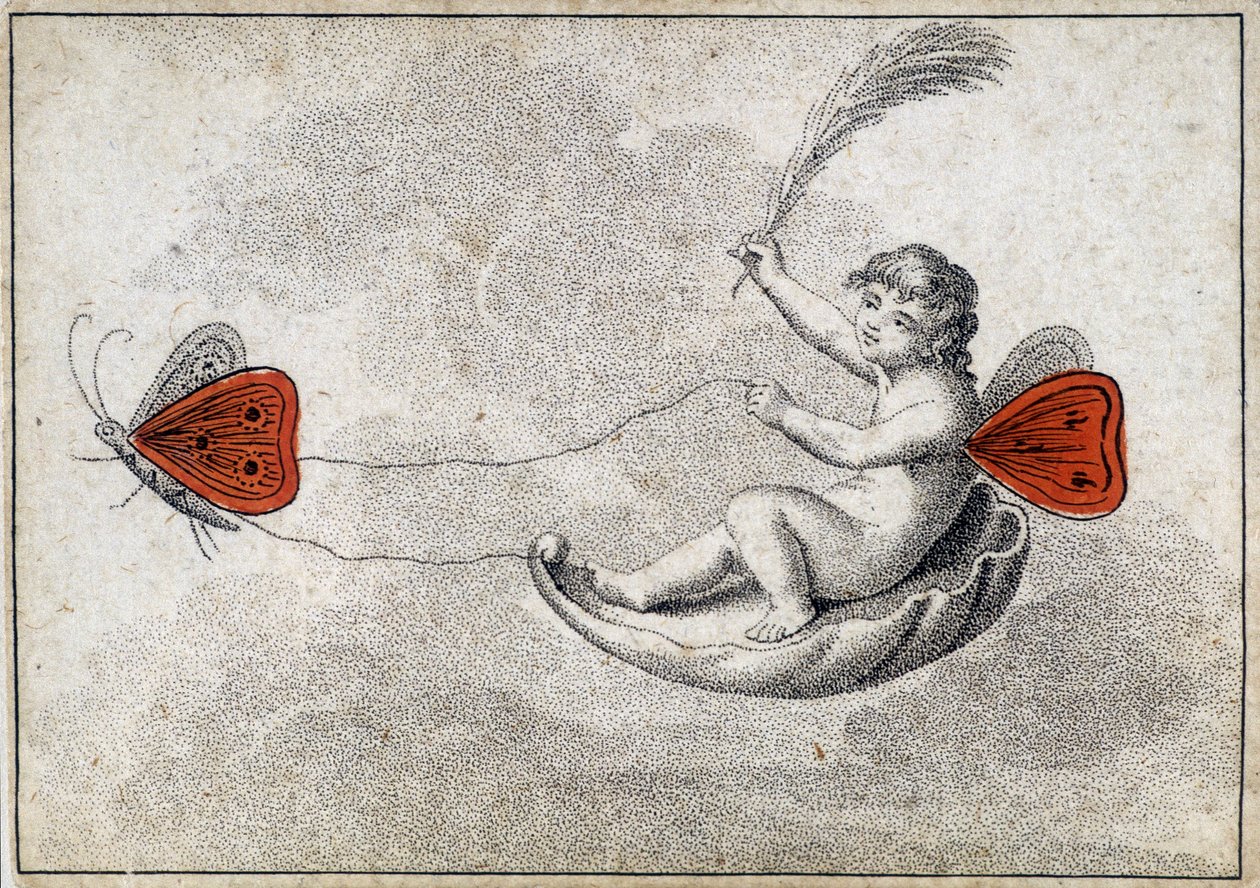 Carta antiga para jogar: o dois de copas - Criança a conduzir um tanque voador. Museu da Carte à Jouir, Issy-les-Moulineaux. de Artist Unknown