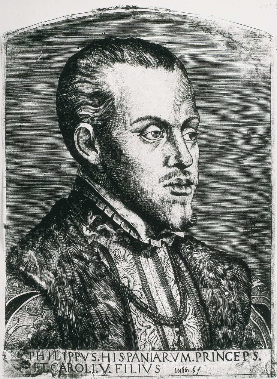Filipe II de Espanha (1527-1598). Rei de Espanha (1556-1598) e de Portugal (1580-1598). Retrato de Filipe ainda como príncipe. Xilogravura. de Artist Unknown