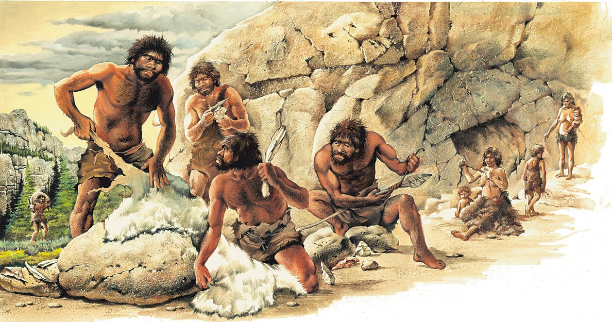 Pré-história Período Paleolítico: Caçadores que utilizam a pele de betes mortos e fabricam ferramentas e armas (lança). de Artist Unknown