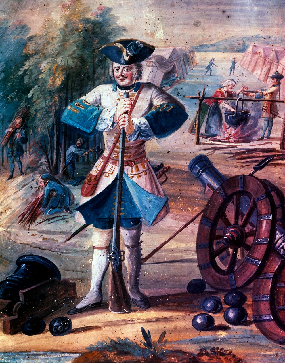 Representação de um granadeiro de infantaria do regimento do rei Luís XV (1723-1774) cerca de 1740, pormenor, c.1740 (óleo sobre tela) de Artist Unknown