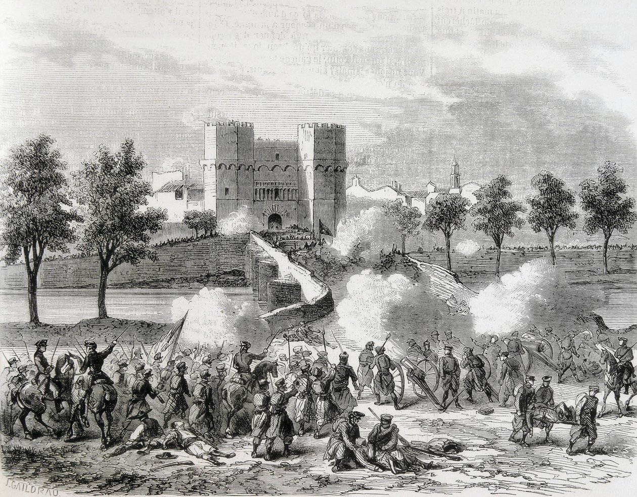 Espanha (1868). Revolução Gloriosa. Ataque das tropas governamentais na Porta de Serrans, em Valência. Gravura de "A Ilustração. Jorinal Universal". Gravura de Artist Unknown