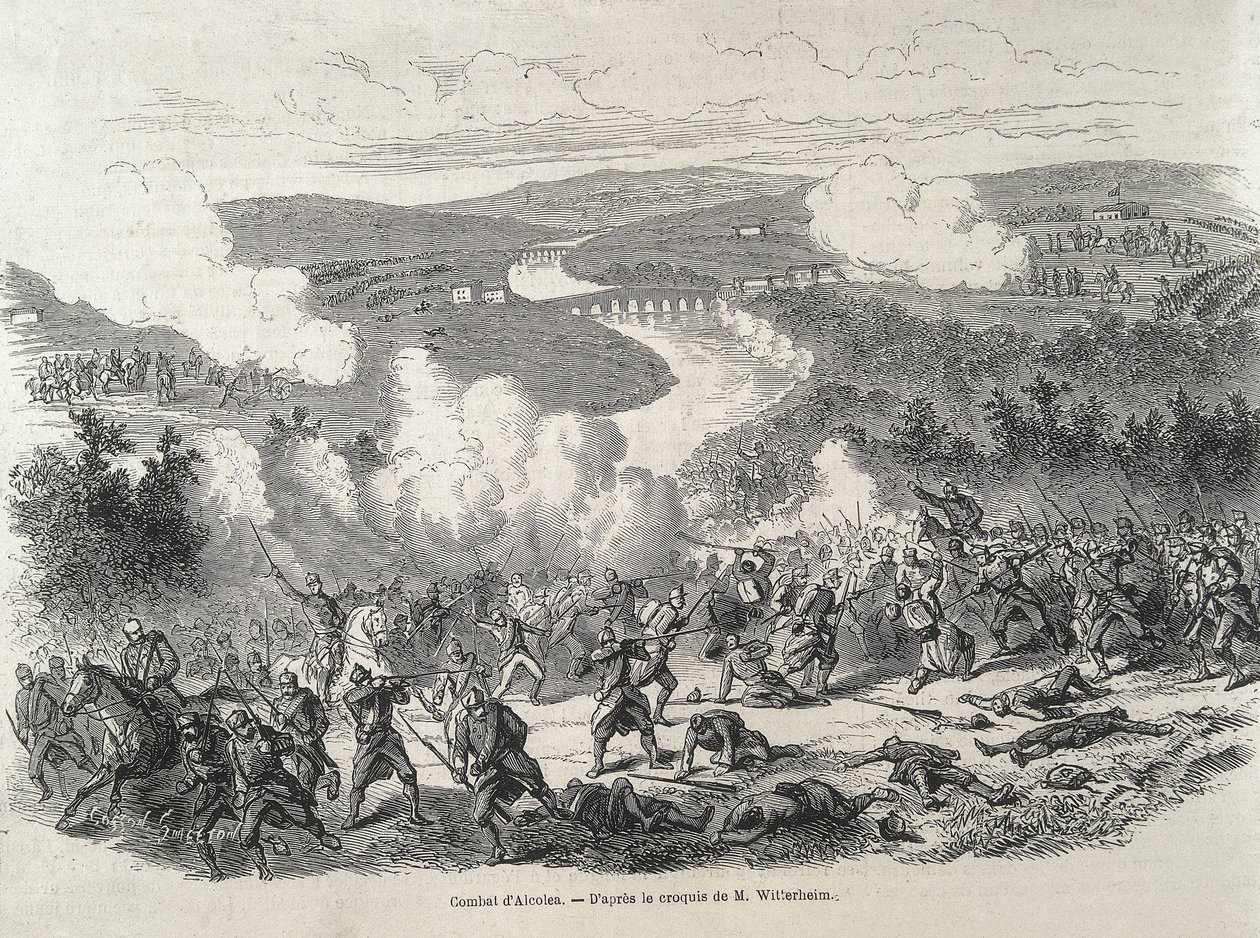 Espanha. Revolução de 1868. Batalha de Alcolea (20 de setembro), que culminou com o destronamento de Isabel II. Gravura de Artist Unknown