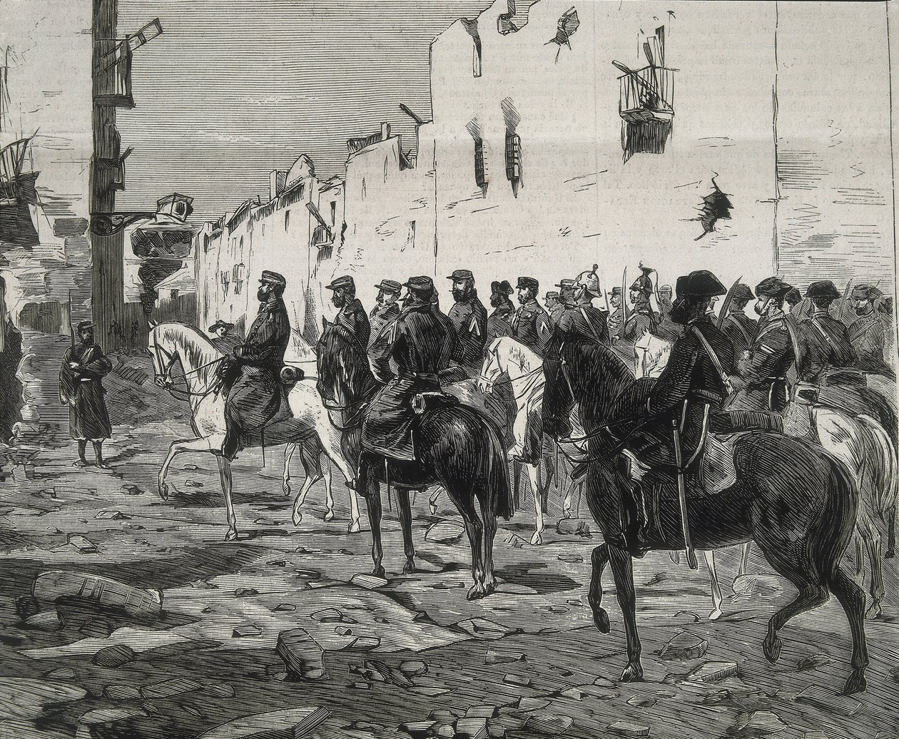 Espanha. Primeira República (1873-1874). Cantão de Cartagena. O general José López Dominguez em Cartagena após a capitulação dos cantonistas. Imagem publicada em "La Ilustracion Espanola y Americana". Gravura. de Artist Unknown