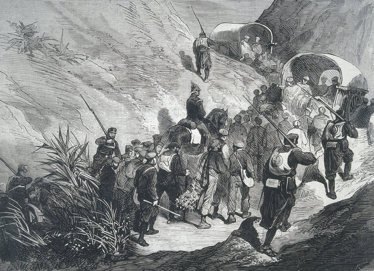 Espanha. Terceira Guerra Carlista. Prisioneiros carlistas a atravessar as montanhas em Emporda (Catalunha). Gravura. de Artist Unknown