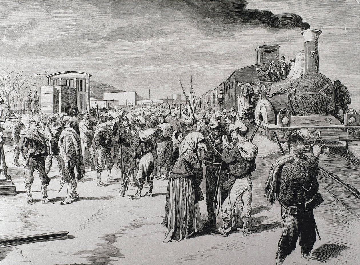 Espanha. Terceira Guerra Carlista. Partida de um batalhão de corpos livres de Barcelona contra os carlistas. Imagem de "La Ilustracion espanola y americana" (8 de abril de 1873). Gravura de Artist Unknown