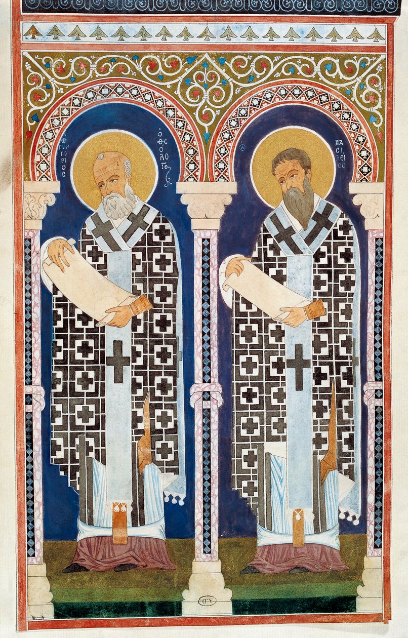 São Gregório de Nissa e São Basílio Magno, pais da Igreja Ortodoxa Grega, gravura, século IV de Artist Unknown