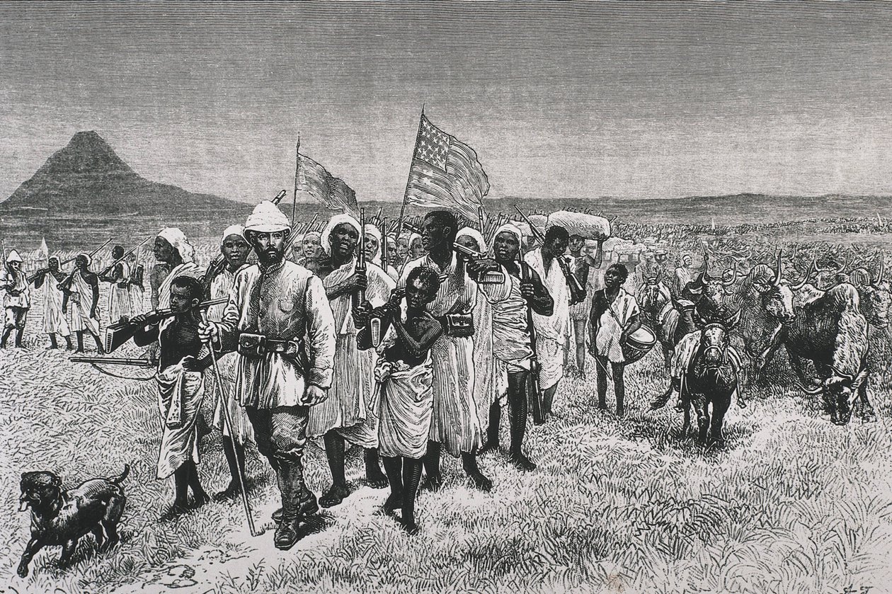 Stanley, Sir Henry Morton (1841-1904). "Through the Ounyoro", ilustração para a edição francesa da obra "Through the Dark Continent". Gravura. FRANÇA. ILE-DE-FRANCE. Paris. Biblioteca de Artes Decorativas de Artist Unknown