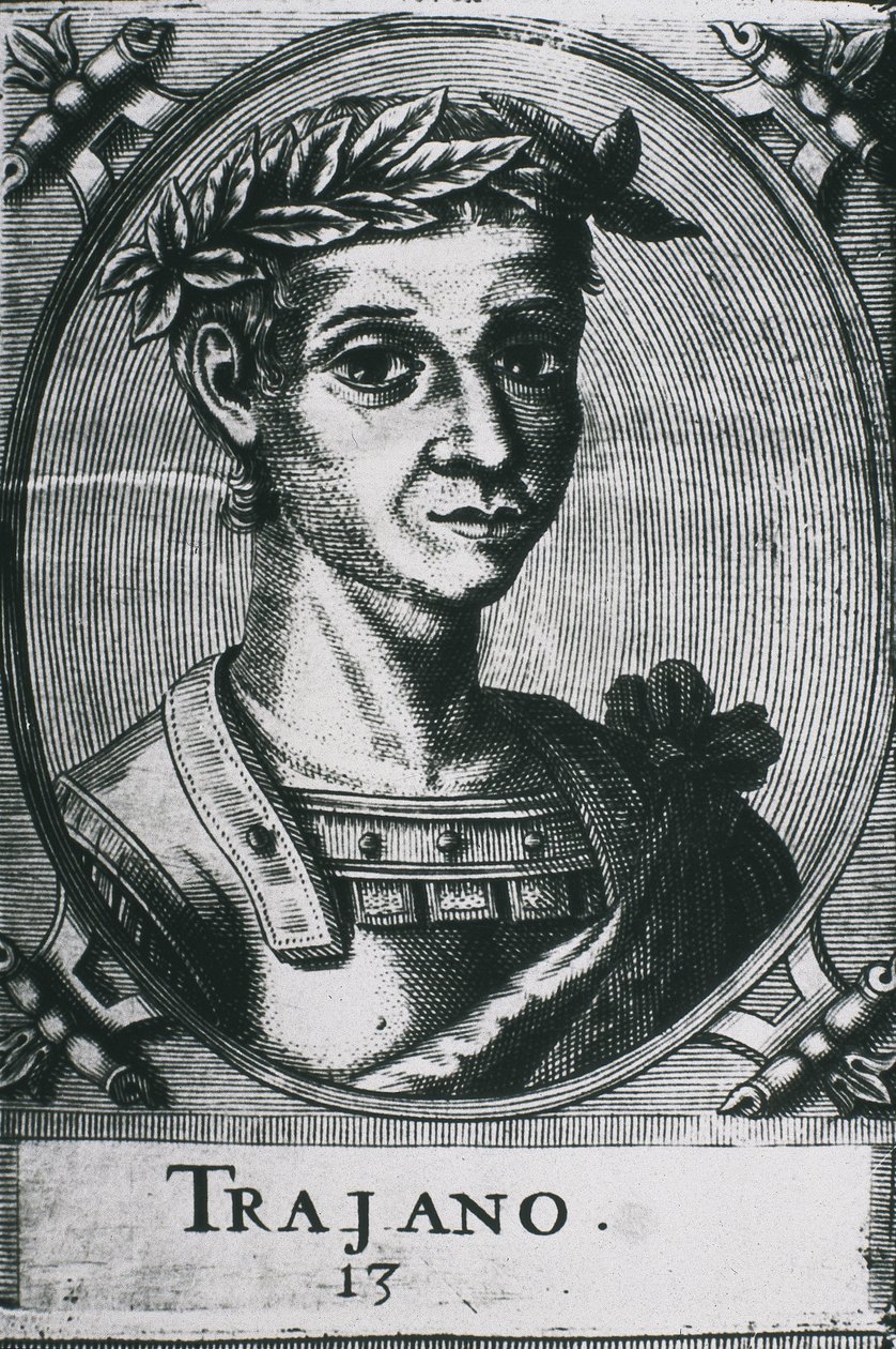 TRAJANO, Marcus Ulpius Traianus (53-117). Retrato de Trajano com louros. Pormenor da gravura original. Gravura. de Artist Unknown