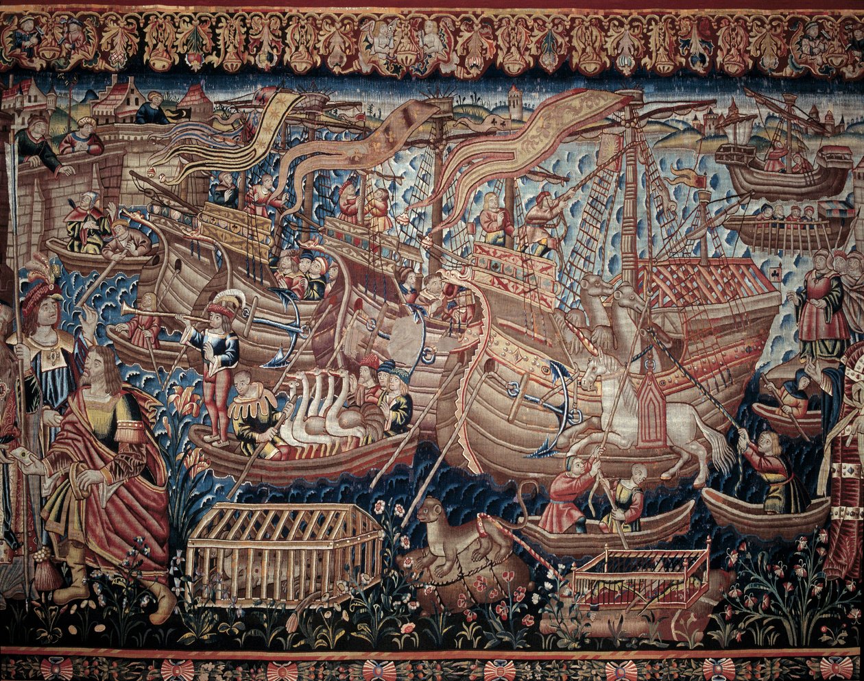 O navegador português Vasco da Gama (1459-1524) chegou a Calicute, na Índia, em 1498, pormenor, tapeçaria de Artist Unknown
