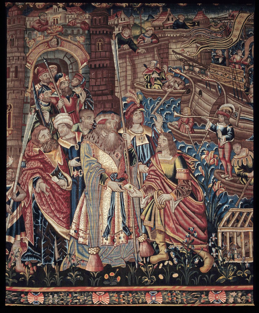 O navegador português Vasco da Gama (1459-1524) chegou a Calicute, na Índia, em 1498, pormenor, tapeçaria de Artist Unknown