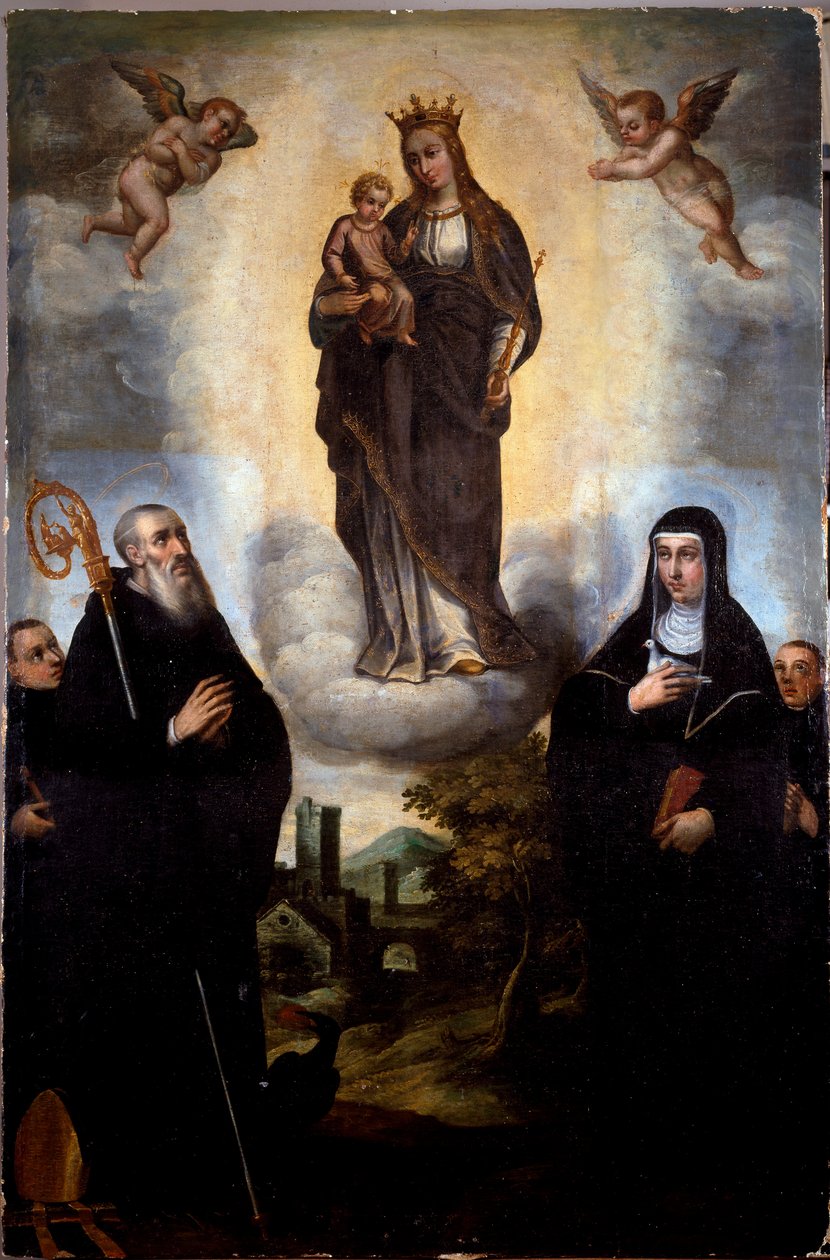 A Virgem tem o Menino com São Bento de Nursie e a sua irmã Sainte Scolastique (Escolástica), fundadora da Ordem dos Beneditinos Pintura anónima. Abadia de Monte Cassino, Itália de Artist Unknown