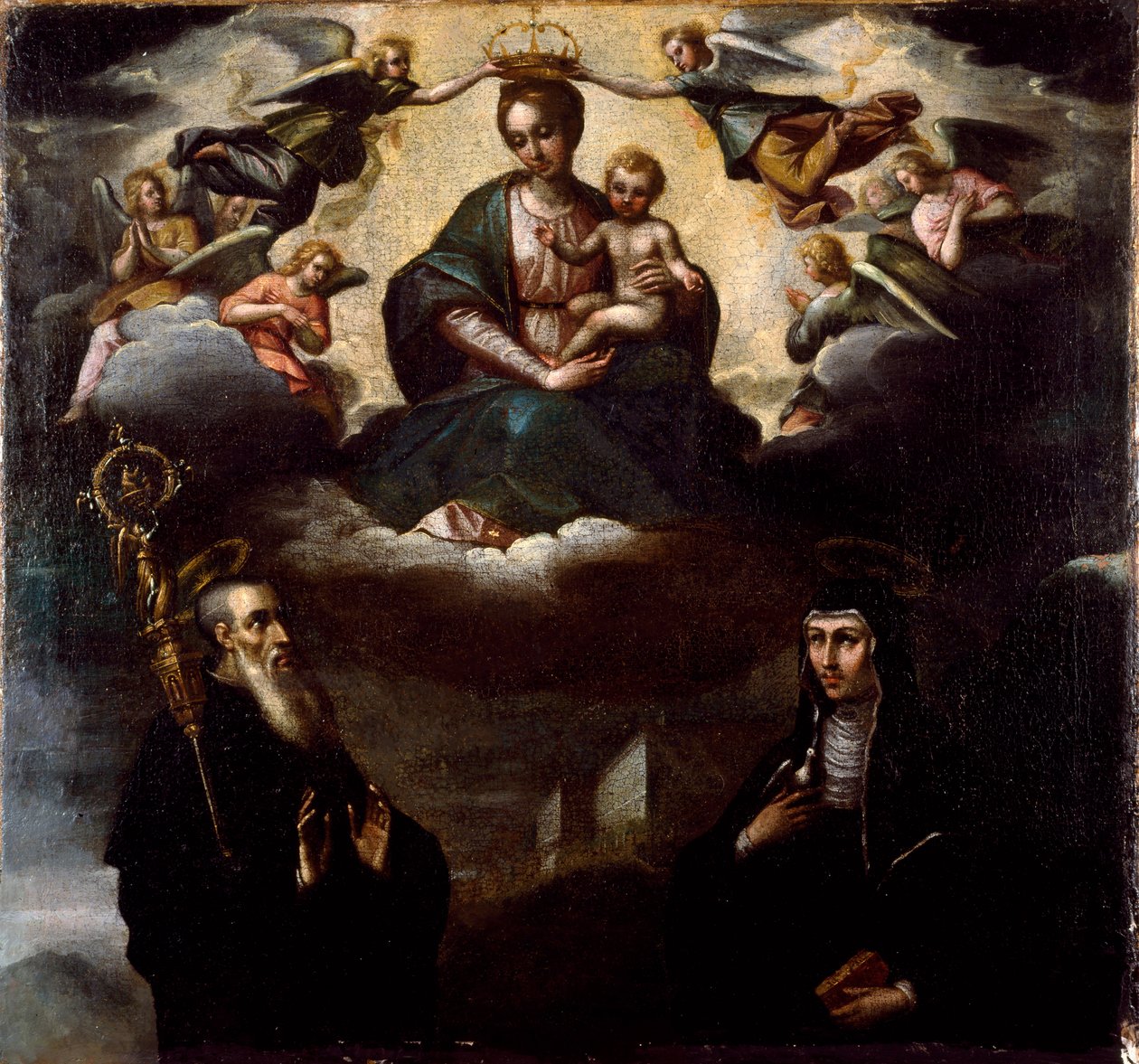 A Virgem tem o Menino com São Bento de Nursie e a sua irmã Sainte Scolastique (Escolástica), fundadora da Ordem dos Beneditinos Pintura anónima. Abadia de Monte Cassino, Itália de Artist Unknown