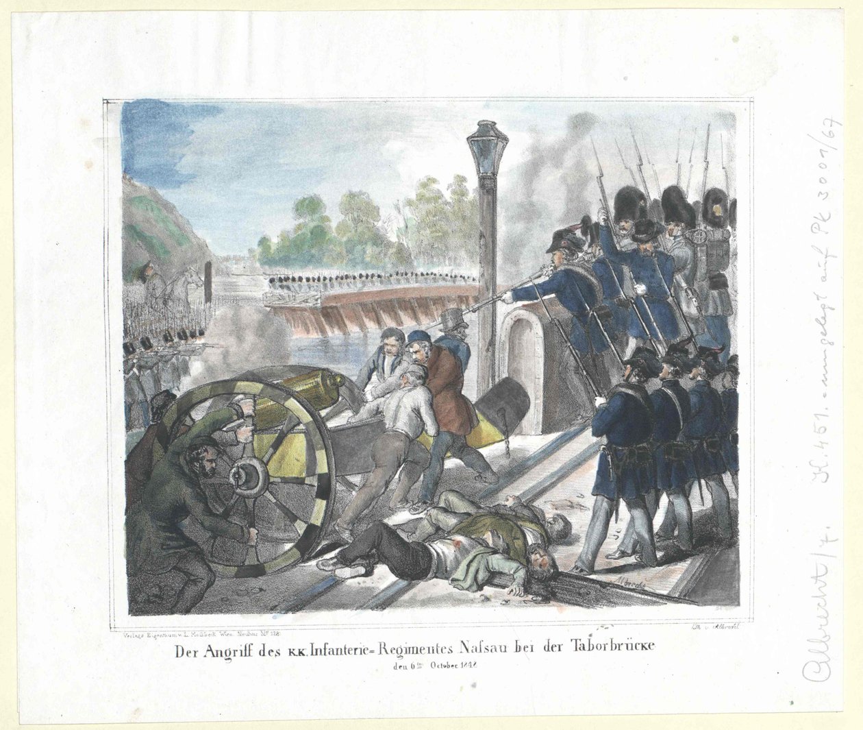 O ataque do Regimento de Infantaria k. k. Regimento de Infantaria de Nassau na Taborbruecke (Ponte Tabor) a 6 de outubro de 1848 de Artist Unknown