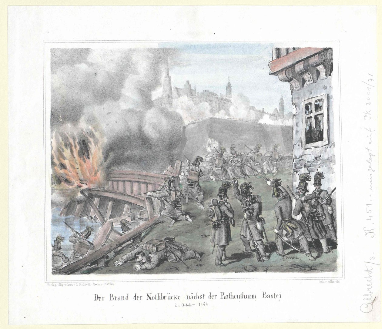 O incêndio da Nothbruecke, perto do bastião de Rothenthurm, em outubro de 1848 de Artist Unknown