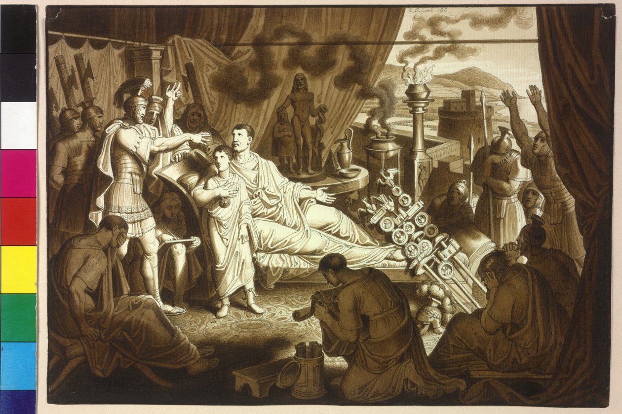 O imperador Marco Aurélio, moribundo, aconselha Pertinax a seu filho Commodus de Artist Unknown