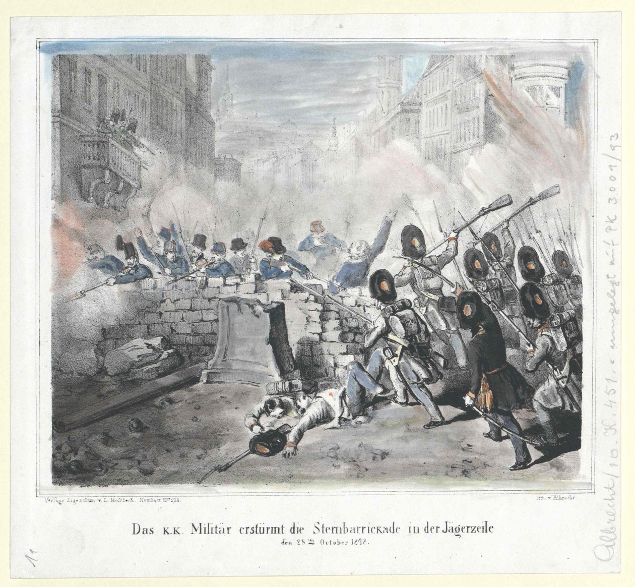 Os militares da K. K. atacam a Sternbarrickade na Jaegerzeile de 28 de outubro de 1848 de Artist Unknown
