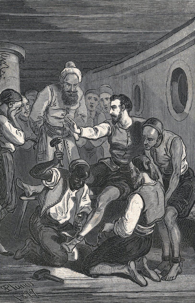 Os trinitários Fray Juan Gil e Fray Anton de la Bella libertam Cervantes do cativeiro em Argel, em 1580 (gravura) de Artist Unknown