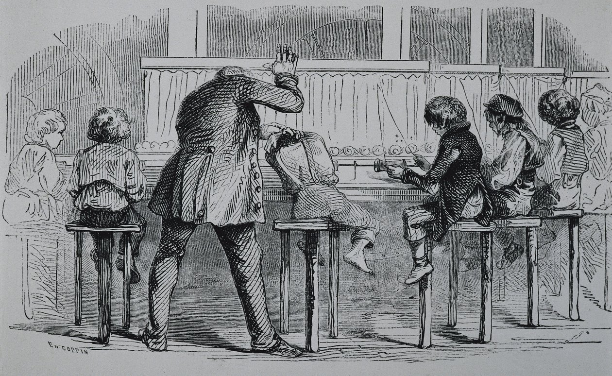 REINO UNIDO. INGLATERRA. Revolução Industrial. Crianças a utilizar máquinas numa fábrica de têxteis. Gravura. de Artist Unknown