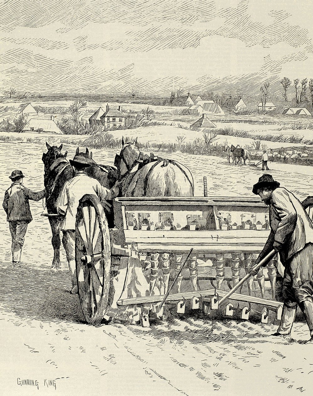 REINO UNIDO. INGLATERRA. Revolução Industrial. Máquina de perfuração inventada por Jethro Tull. Semeadura de cevada em fevereiro. Desenho de Gunning King publicado no "The Illustrated London News". Gravura. de Artist Unknown