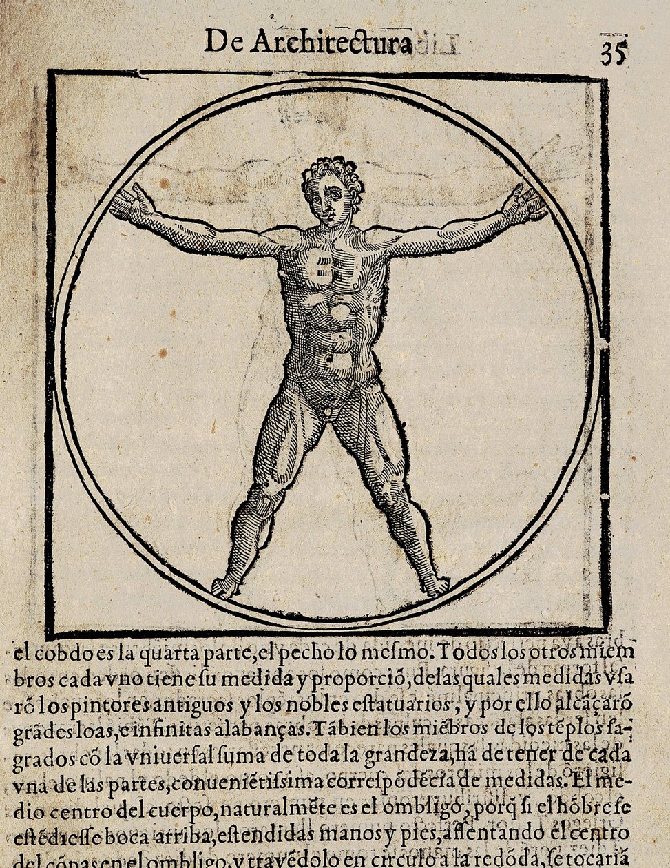 VITRUVIUS, Marcus Vitrubius Pollio (século I a.C.). "De Architectura" (Sobre a Arquitetura), com tradução para espanhol de Miguel de Urrea. Editado em Alcalá de Henares por Juan Gracian (1582). Ilustração da página 35 com o cânone do corpo humano. Xilograv de Artist Unknown