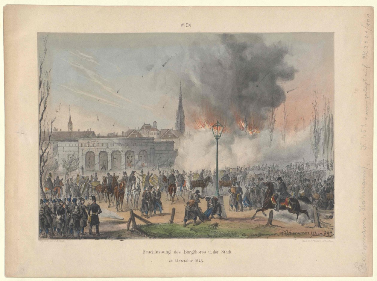 Bombardeamento do portão do castelo e da cidade de Viena a 31. outubro de 1848 de Artist Unknown