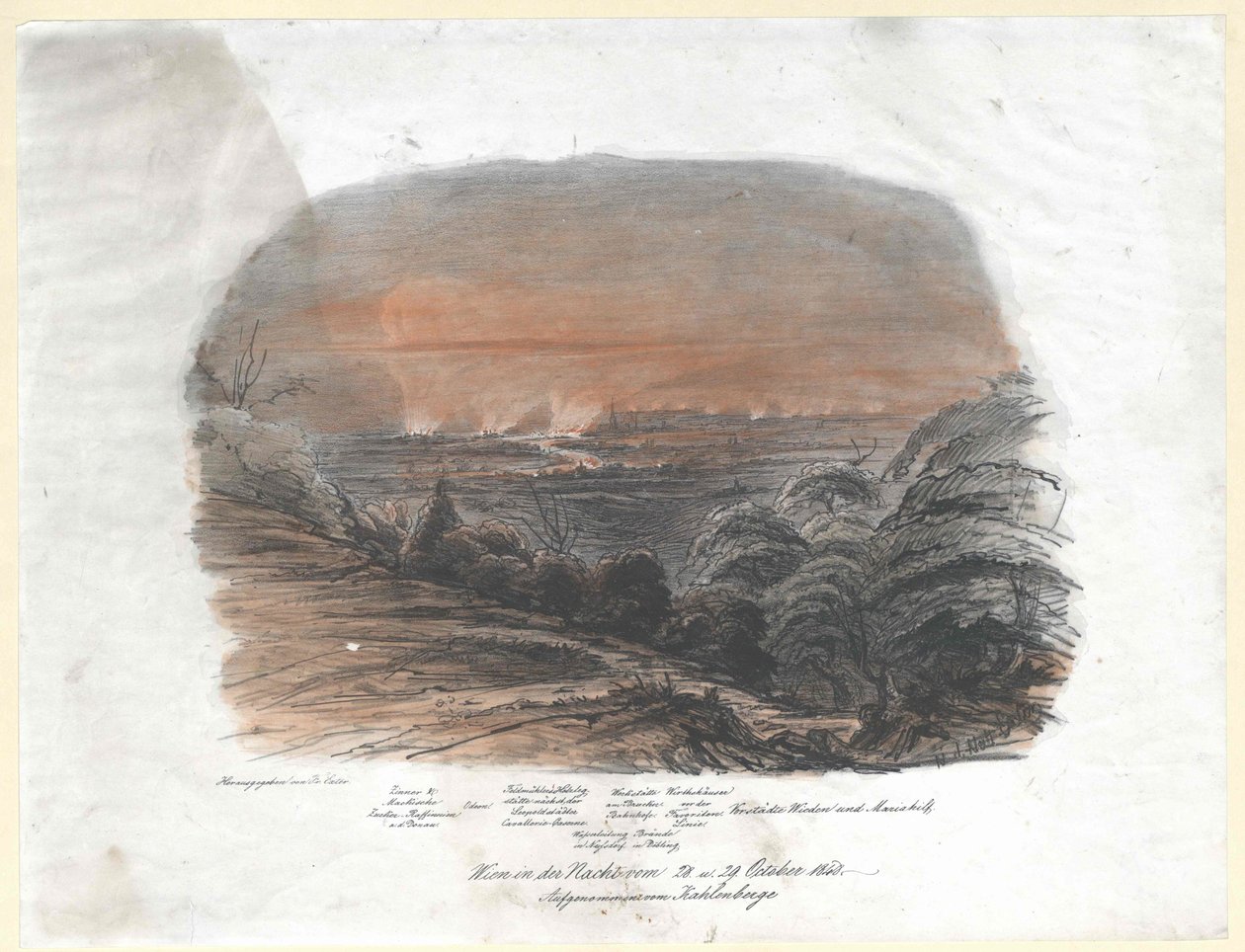 Viena na noite de 28 e 29 de outubro de 1848. outubro de 1848. registo do Kahlenberge (pico) de Artist Unknown
