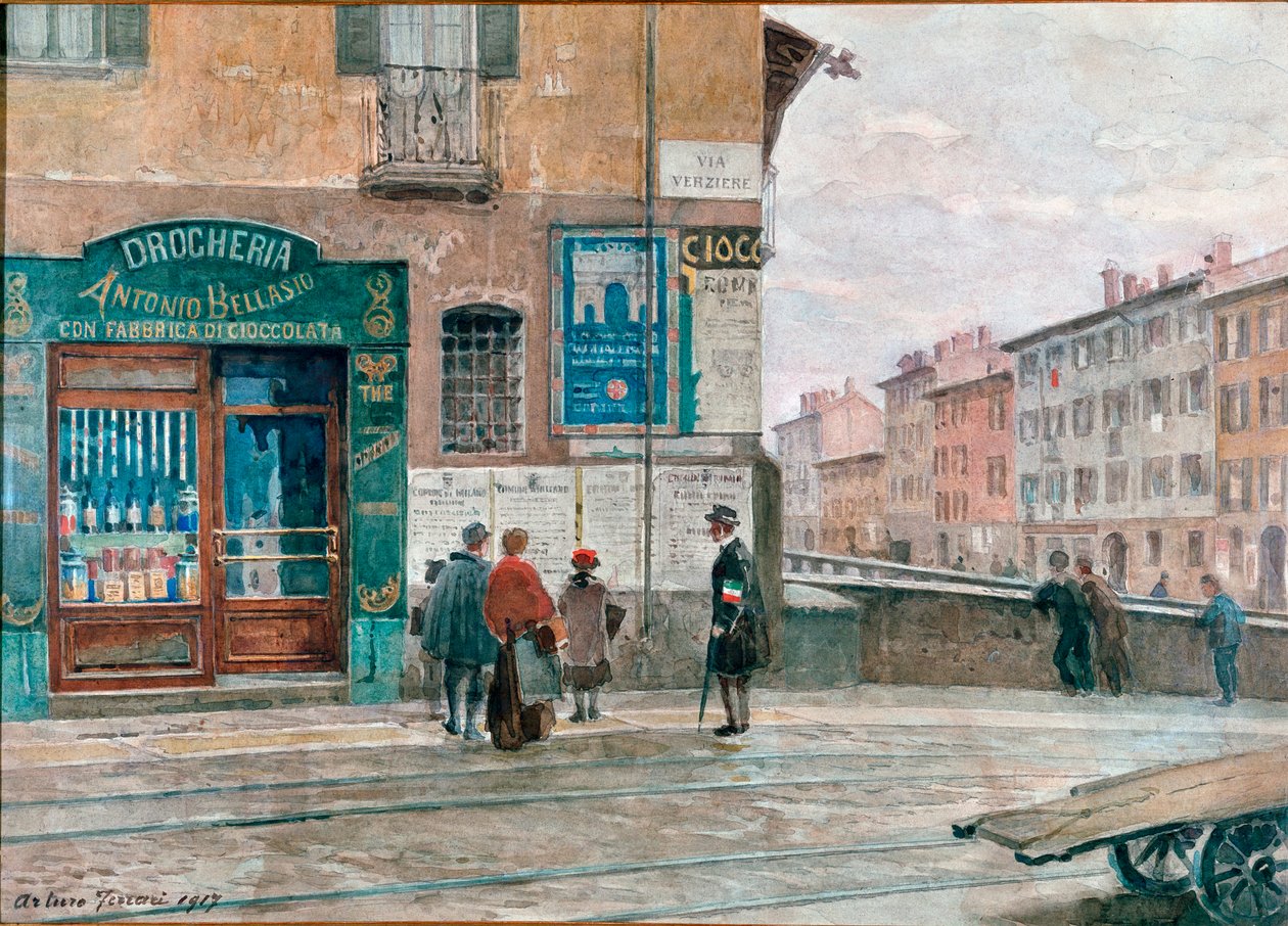 Milão, vista da ponte da Porta Vittoria (Verziere) Aguarela de Arturo Ferrari (1861-1932) 1917 Milão, Museo di Milano de Arturo Ferrari