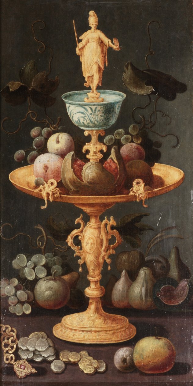 Uvas, ameixas e romã em uma tazza dourada encimada por uma personificação da Pintura, com figos, uvas, maçãs, uma corrente de ouro e Pedaços de Oito Espanhóis em uma borda de pedra de Artus Claessens