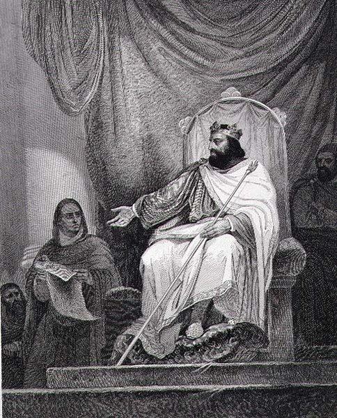 Carlos Magno (742-814) que emitiu o Capitulário de Herstal em 779, gravado por Leclerc (gravura) de Ary (after) Scheffer