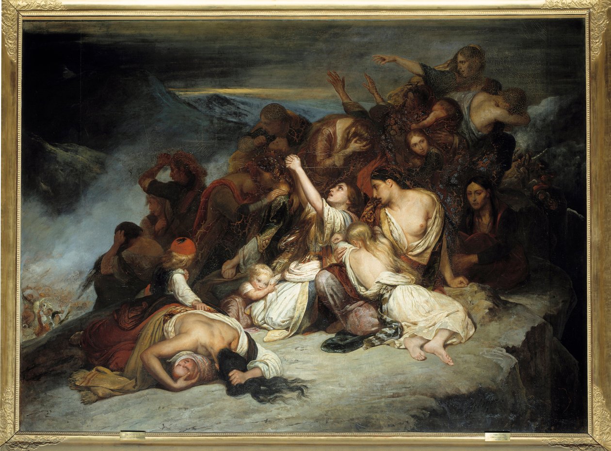Guerra da Independência grega contra os turcos: "As mulheres Souliote, vendo seus maridos derrotados pelas tropas de Ali, o pasha de Janina, decidiram se atirar das rochas" Pintura de Ary Scheffer (1795-1858) 1827 Sun. 2,6x3,5 m de Ary Scheffer