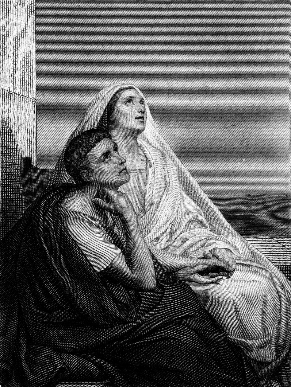 Santa Monique com Santo Agostinho - no frontispício da História de Santa Monique por Abbe Bougaud, Librairie Poussielgue 1866 de Ary Scheffer