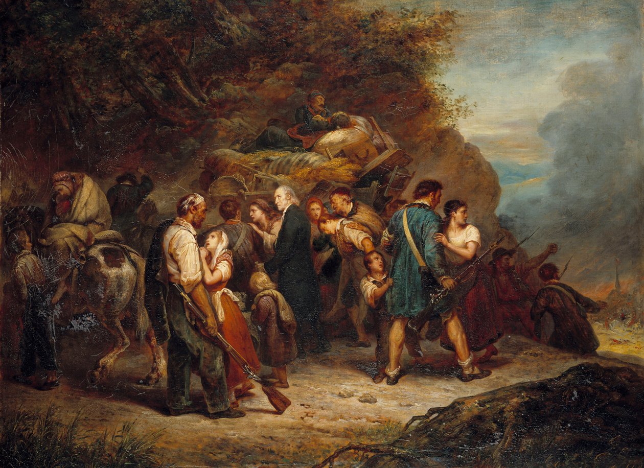 O pastor protestante alsaciano Jean Frederic Oberlin (1740-1826) e os calvinistas da Alsácia-Lorena caçados em 1814 pelos russos Ary Scheffer (1795-1858) 1814 Paris, Musee du Protestantisme de Ary Scheffer