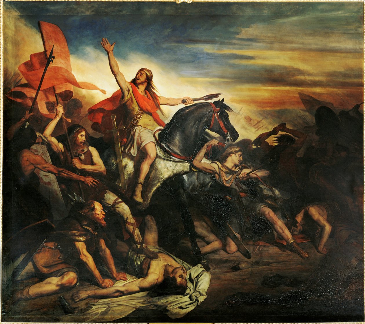 A batalha de Tolbiac entre os alamanos e os francos de Siegbert ... (pintura sobre tela) de Ary Scheffer