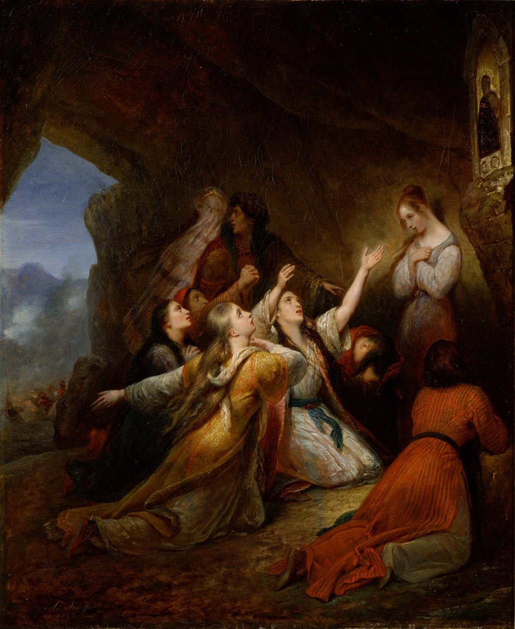 Donzelas gregas que invocam a protecção da Virgem Maria em batalha de Ary Scheffer