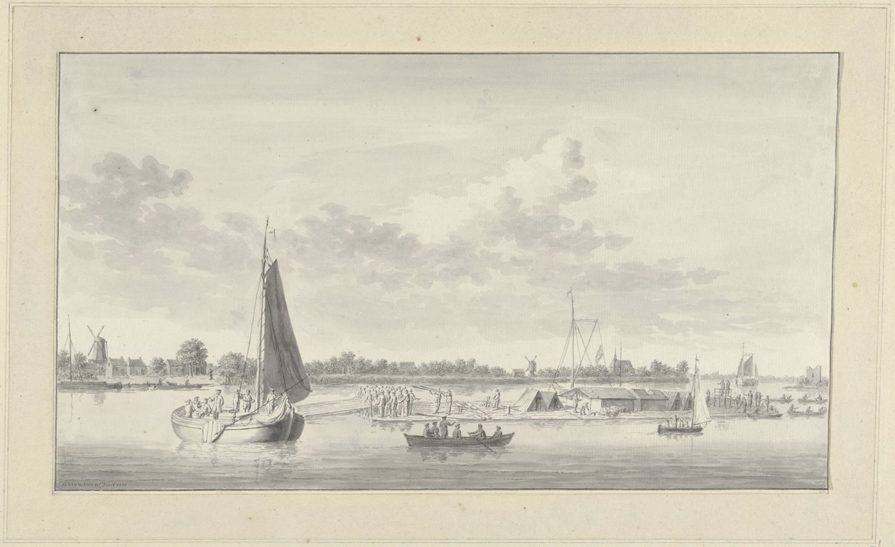 Grande jangada e vários navios no Merwede na casa de Merwe perto de Dordrecht de Ary van Wanum