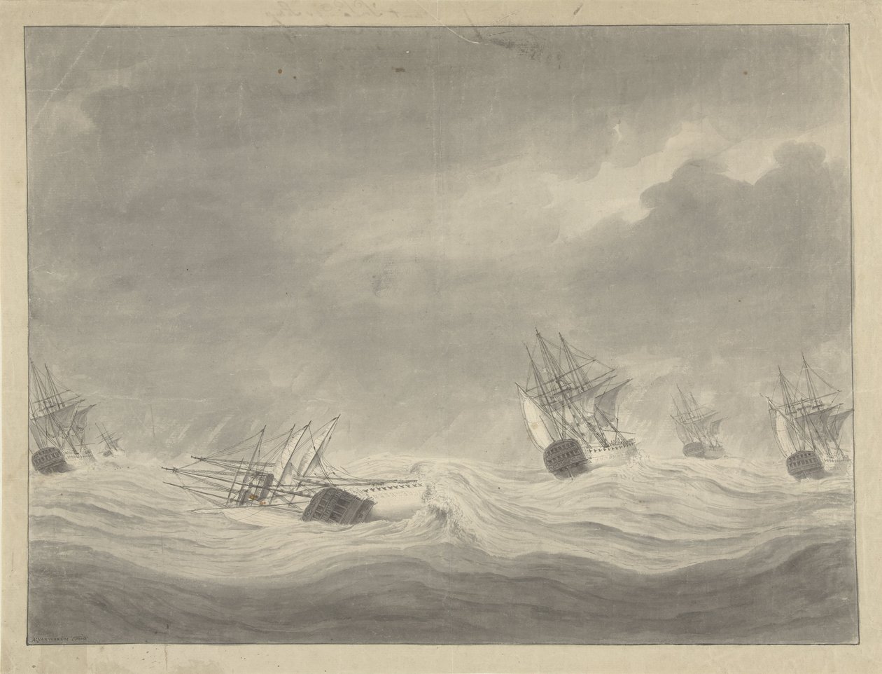 O afundamento do navio The Union under capitão Graaf van Welderen in the North Sea, 19 de Outubro de 1782 de Ary van Wanum