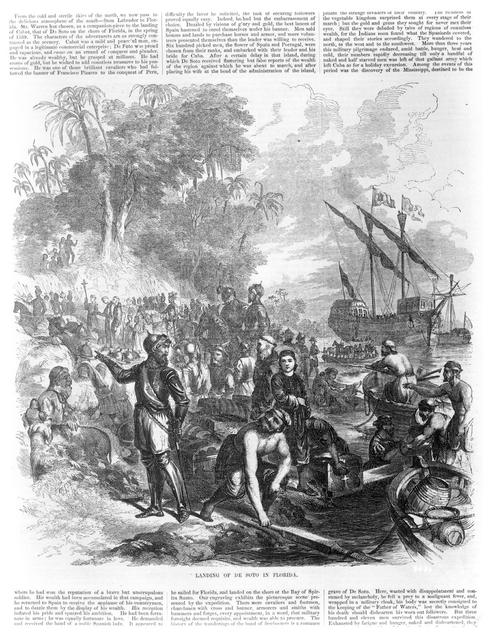 Desembarque de De Soto na Flórida, de "Companheiro pictórico da sala de desenho de Ballou", 1855 de Asa Coolidge Warren