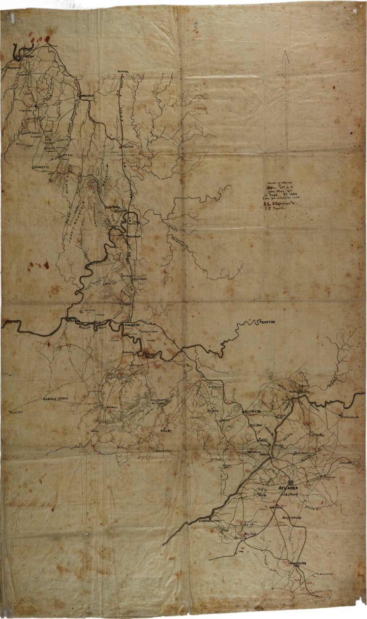 Mapa da guerra civil do manuscrito da campanha do general Shermans Atlanta, c.1864 de Asbury L. and Snell, J.P. Stevens