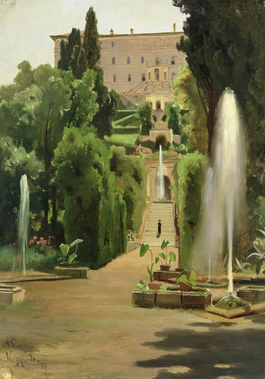 Villa D&39;Este, Tivoli, 1869 (óleo sobre papel colocado no cartão) de Ascan Lutteroth