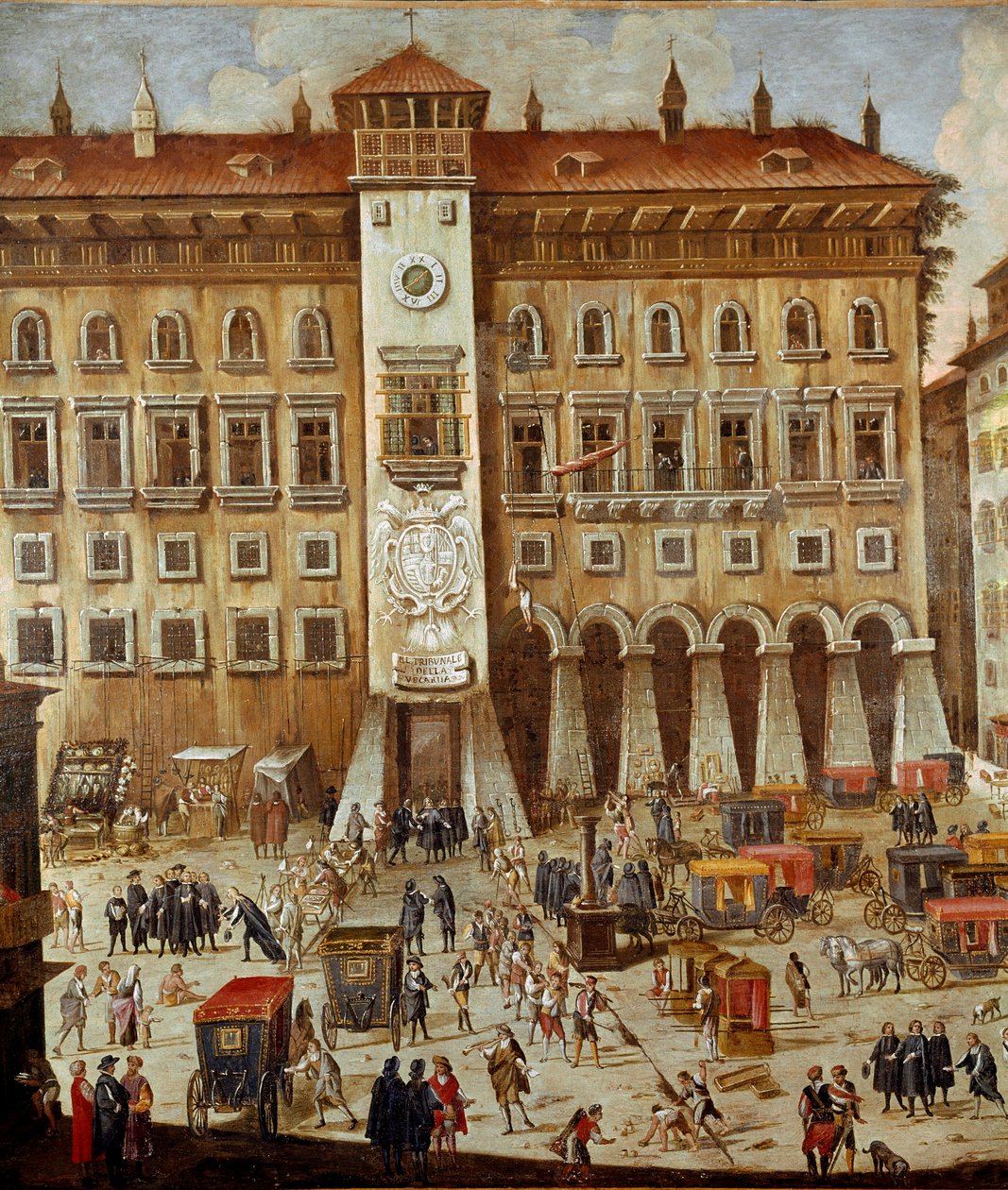 Lugar do Tribunal de Vicaria em Nápoles na época da revolução de Masaniello Os criminosos são juízes em frente à entrada, um homem pendurado numa corda - Detalhe - Pintura de Ascanio Luciani (ca. 1621-1706) Nápoles, Museo Nazionale di San Martino de Ascanio Luciani